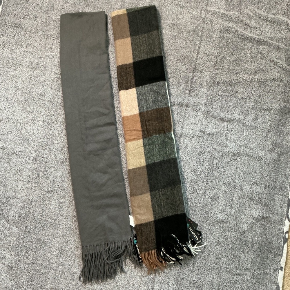 Chillmeister Scarf Set 2pc NWT Solid Grey & Multi Color Plaid Fringe Trim